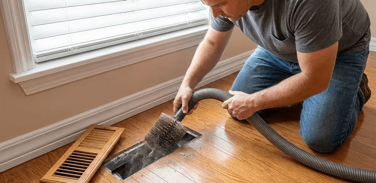 Air duct cleaning technician vacuuming a floor vent and duct opening in Nashville, TN