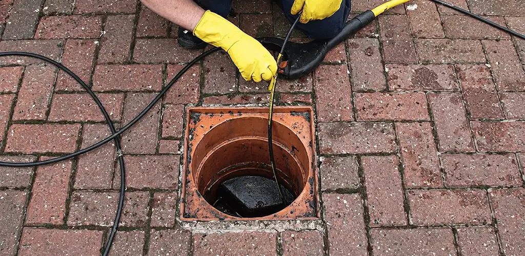 Drain cleaning technician using a drain snake to clear a clogged drain in Nashville, TN