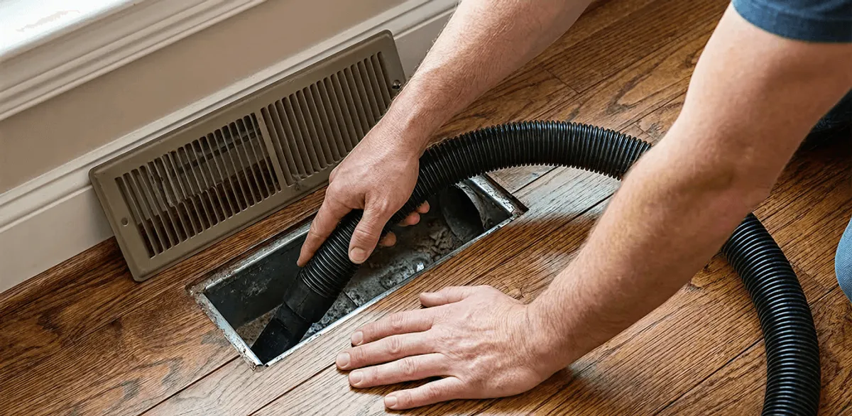 Air duct cleaning technician vacuuming a floor register and duct opening in Nashville, TN