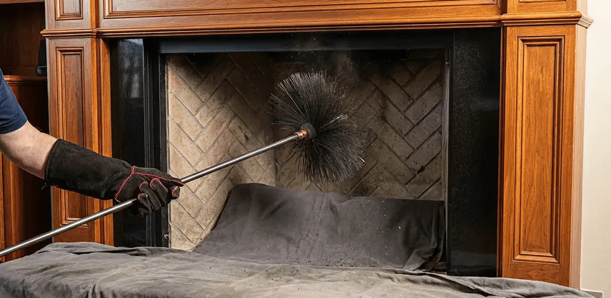 Chimney cleaning service brushing soot from a fireplace and flue in Nashville, TN