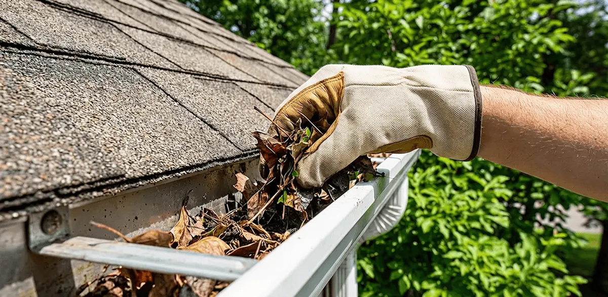Gutter cleaning removing leaves and debris from roof gutters in Nashville, TN