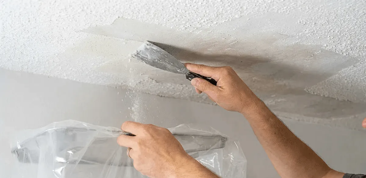 Popcorn ceiling removal technician scraping texture from a ceiling in Nashville, TN