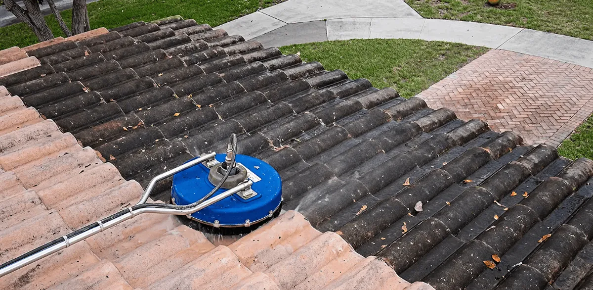 Roof pressure cleaning removing debris and buildup from roof tiles in Nashville, TN