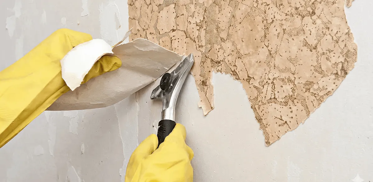 Wallpaper removal service stripping old wallpaper from a wall in Nashville, TN